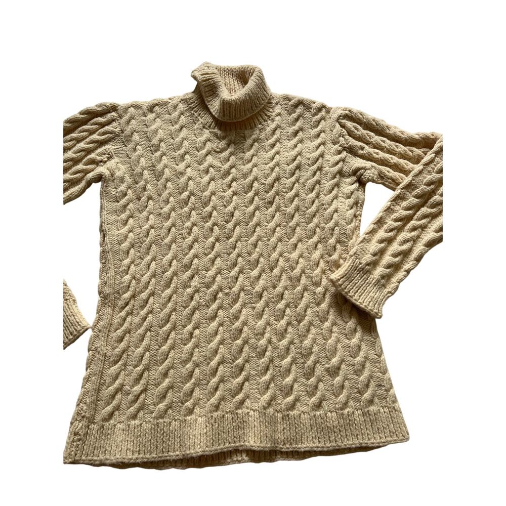 Vtg Hand Knit Wool Fisherman Sweater Cream Cable Knit Turtleneck Size M